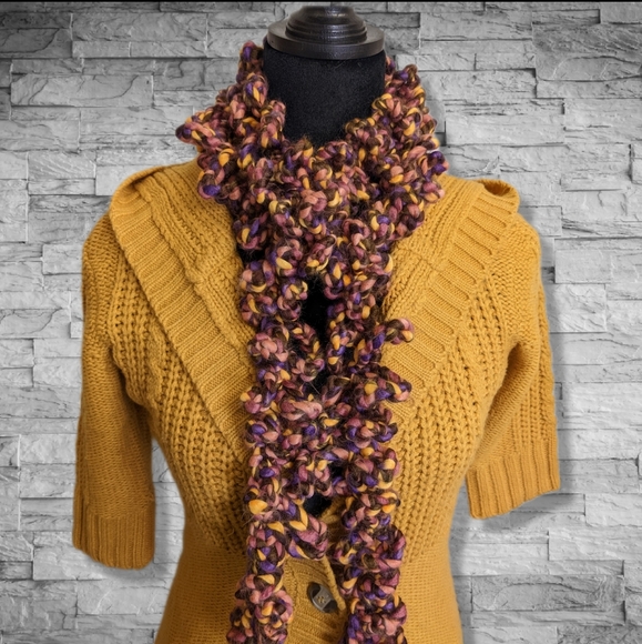 Mustard Yellow Sweater Jacket Fall Cardigan Short Sleeve Button Up Knit - Picture 8 of 10